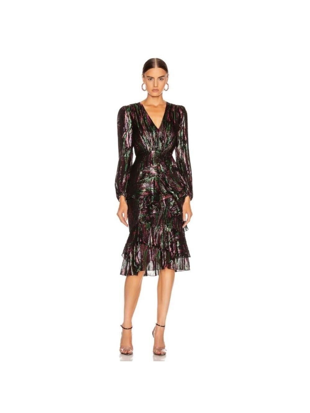 NEW Saloni Alya Black Rainbow Oilspill Silk Metallic Midi Dress Size 4 - Picture 3 of 16